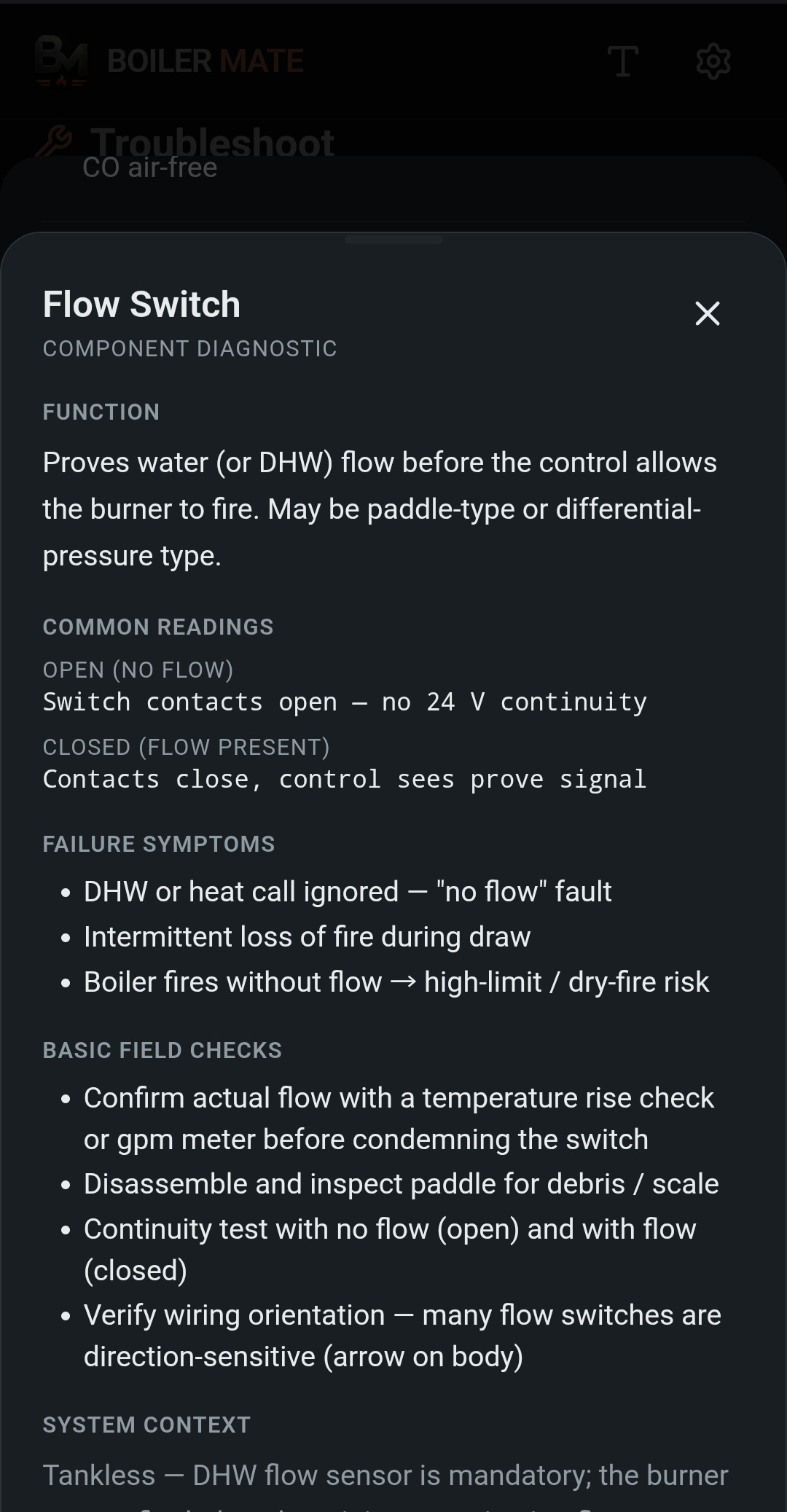 BoilerMate Component Diagnostics screen, revised Diag 2
